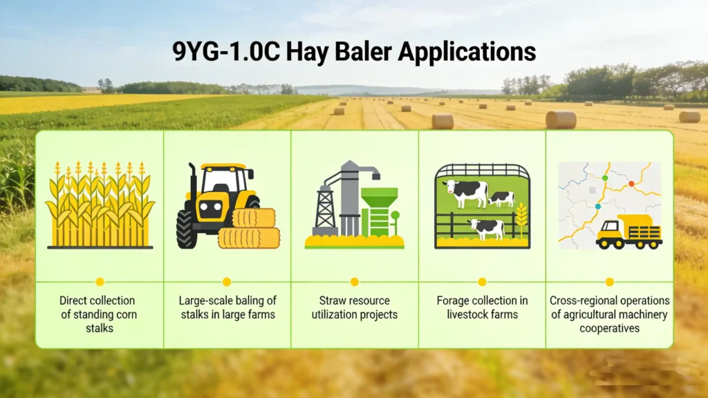 9YG-1.0C Round Hay Baler | PTO Driven Corn Stalk & Forage Baler for 95HP Tractor 9YG 1.0C Hay Baler Applications yellow
